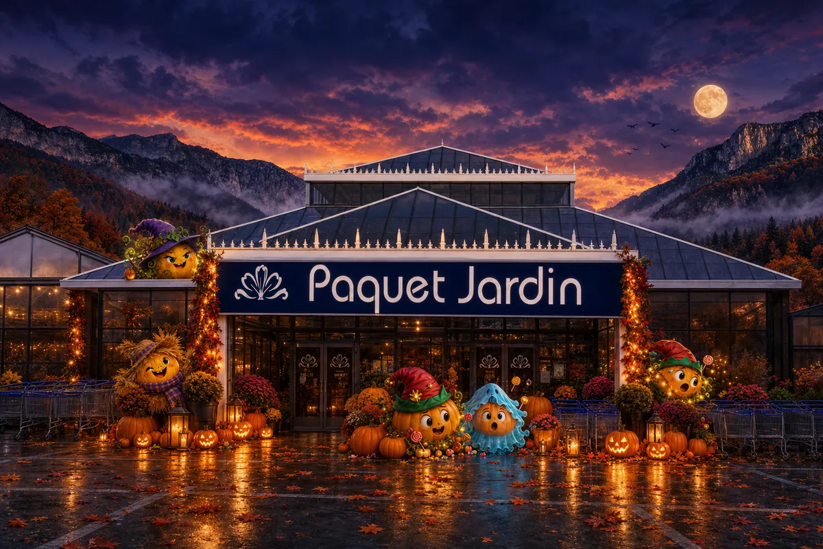 Le magasin Paquet Jardin décoré pour Halloween avec ses citrouilles